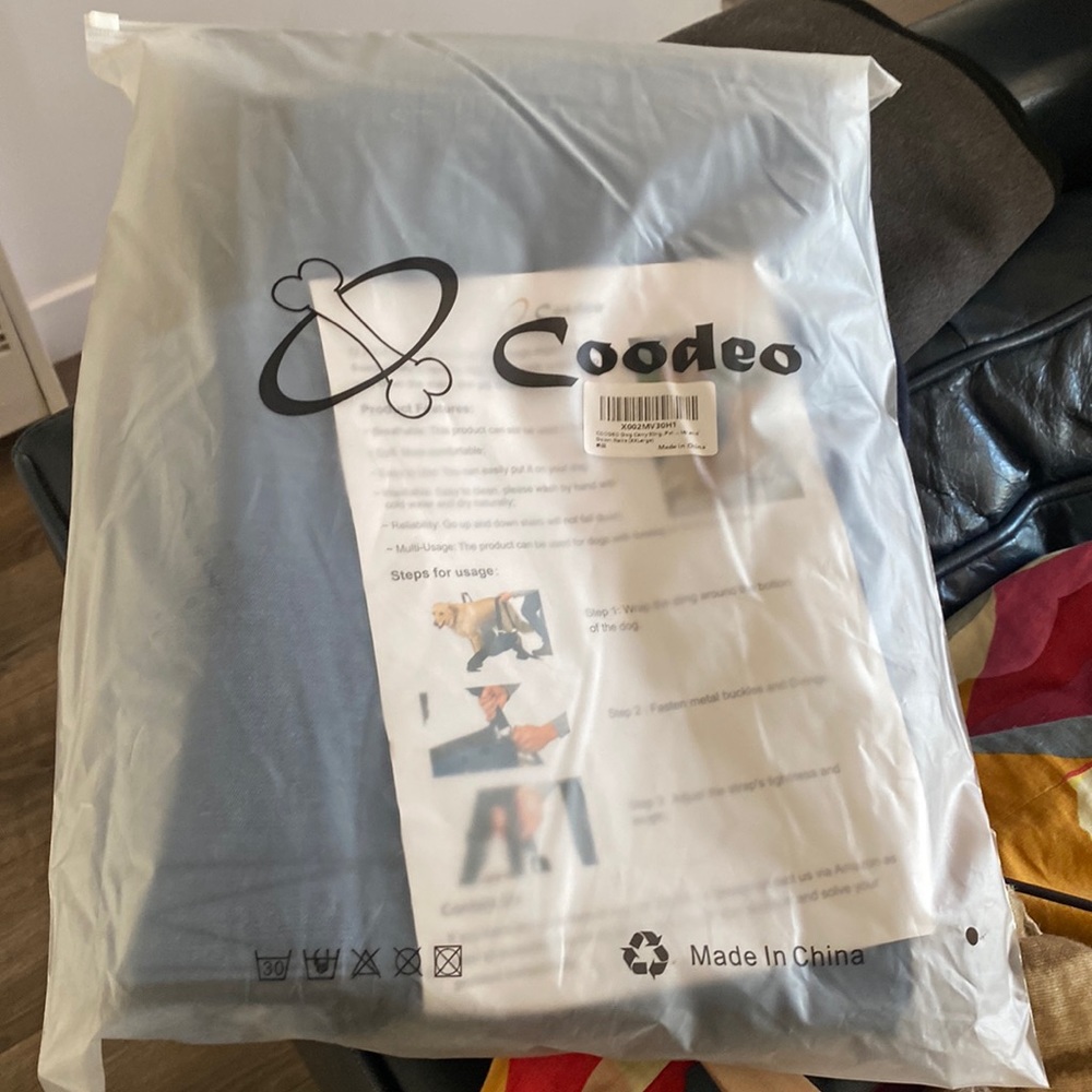 Coodeo. Dog lift sling. Blue and black. Size xxl.